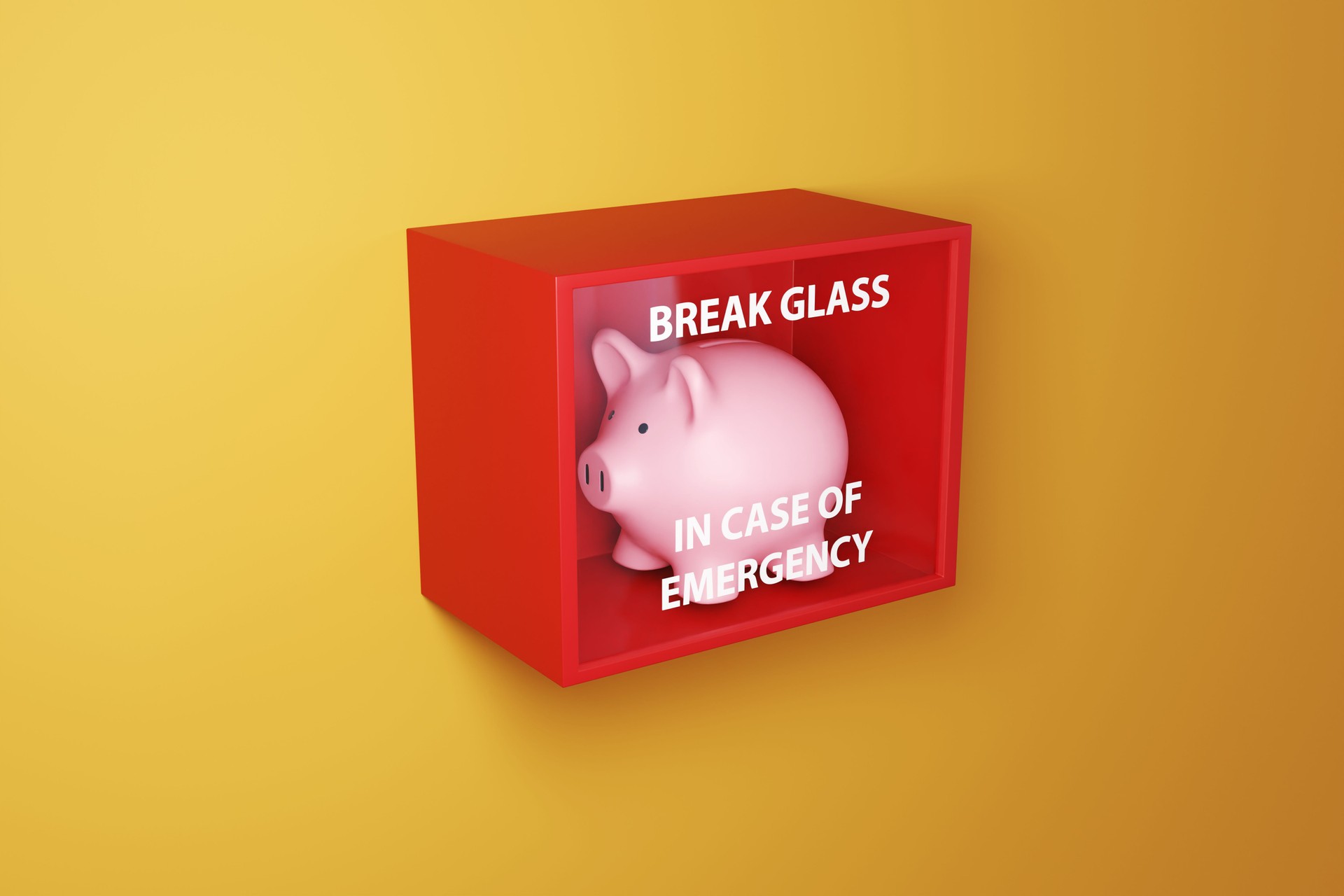 Pink piggy bank in a red box with a glass printed with the instruction BREAK GLASS IN CASE OF EMERGENCY on a yellow wall. Illustration of the concept of emergency fund and financial buffer